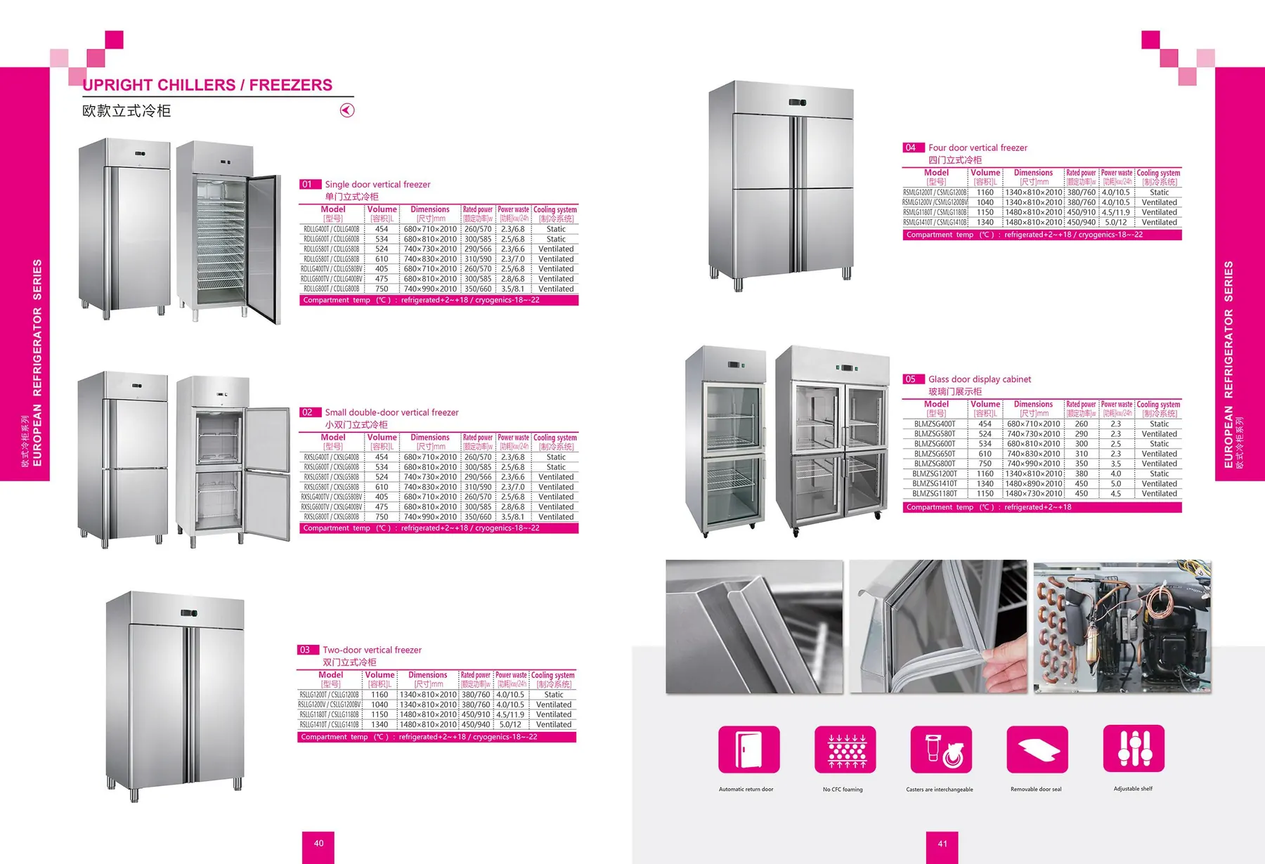 Single-door upright chiller / freezer catalog spread